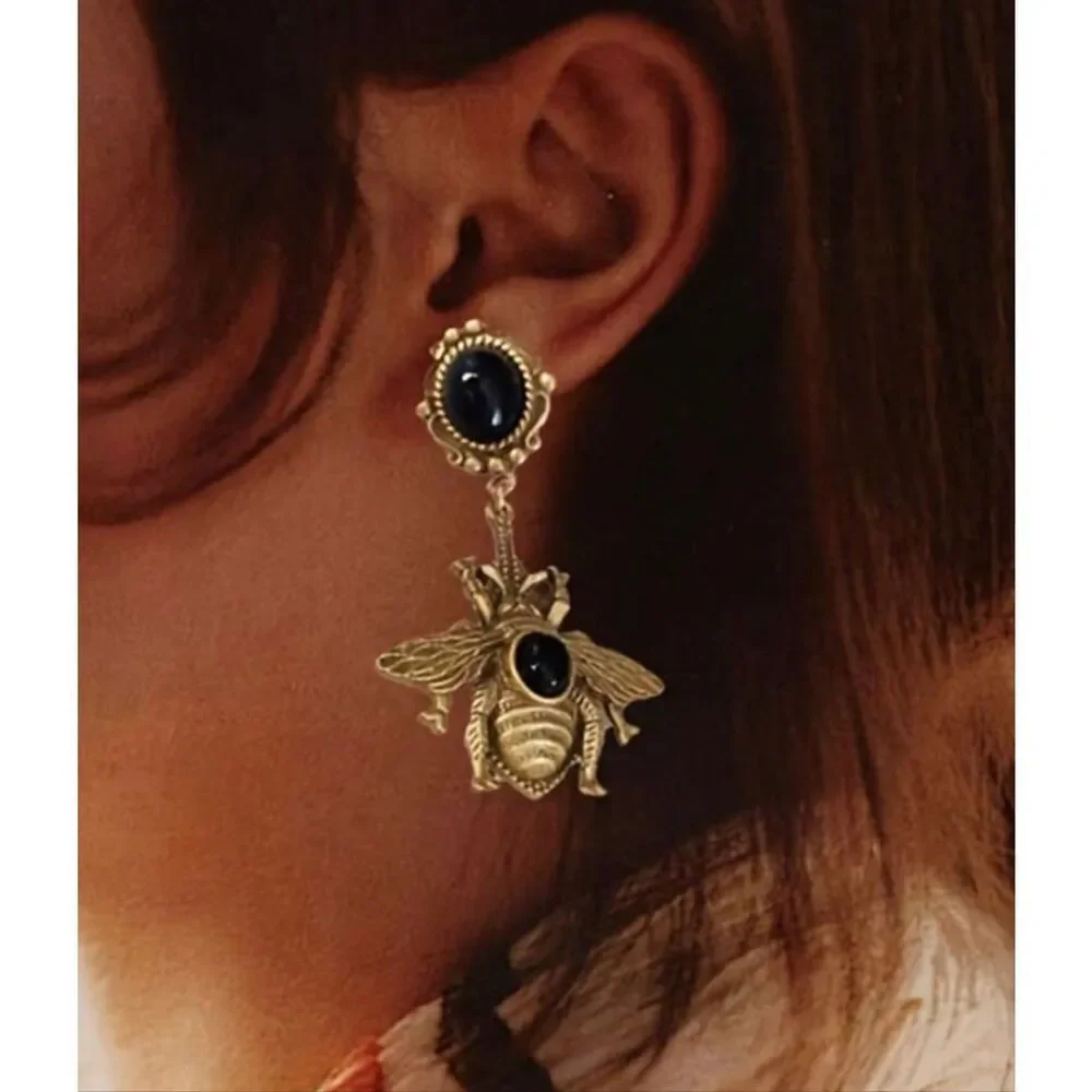 Vintage Style Bronzed Bee Drop Earrings